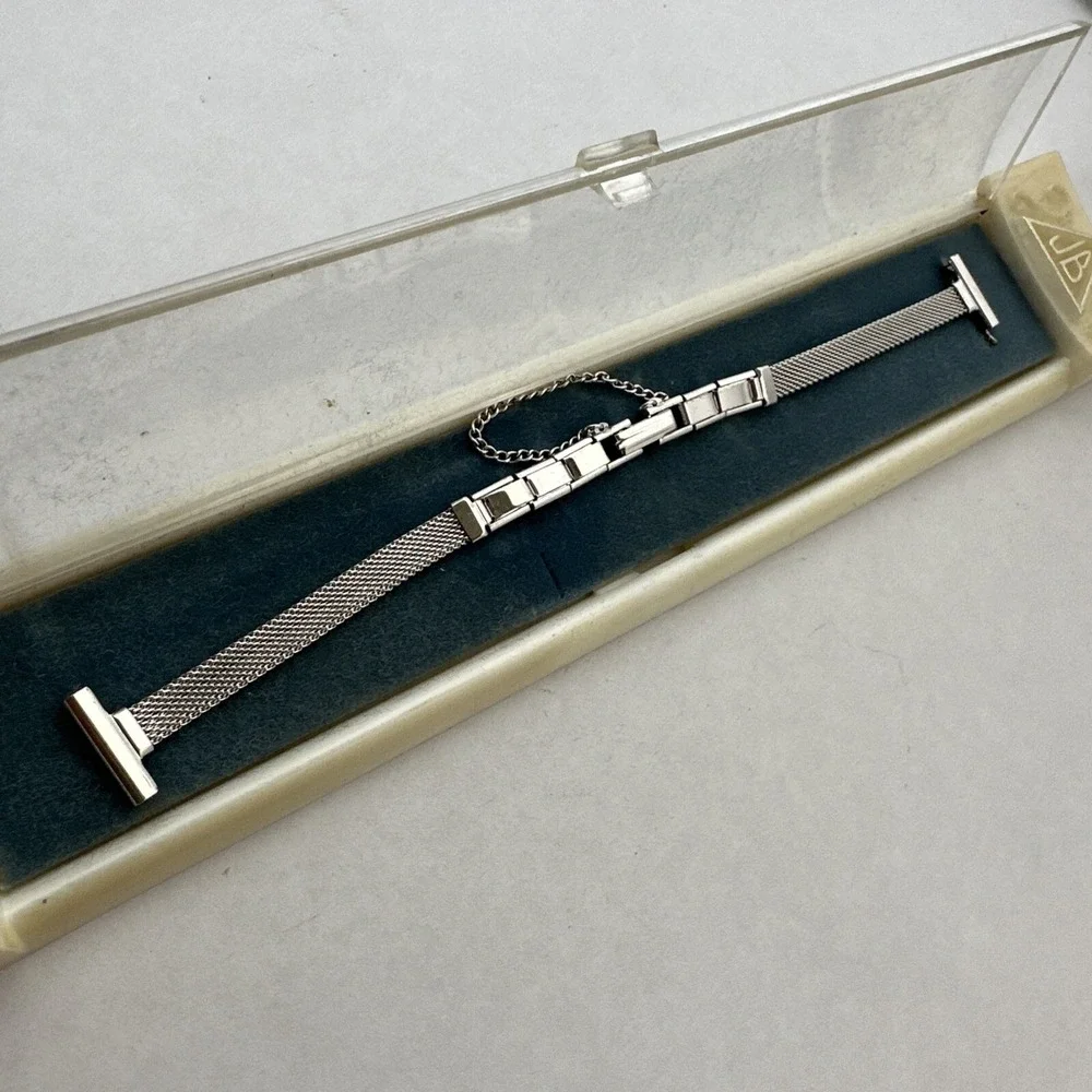 Vintage JB Jacoby Bender Silver Tone Mesh Watch Band Safety Chain T-Bar End Case